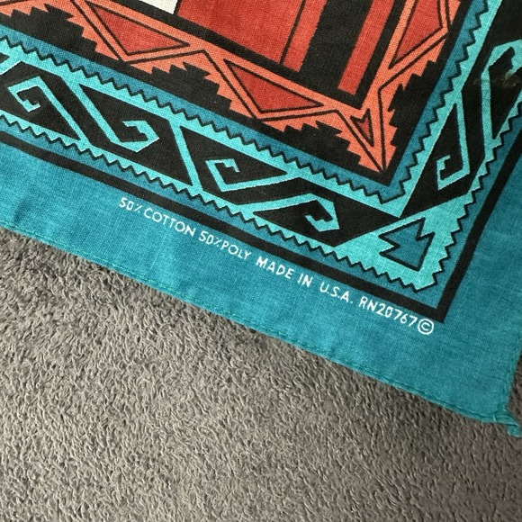 VTG Native Southwestern Native Pottery Bandana Handkerchief Teal Tribal Desert - Picture 3 of 7